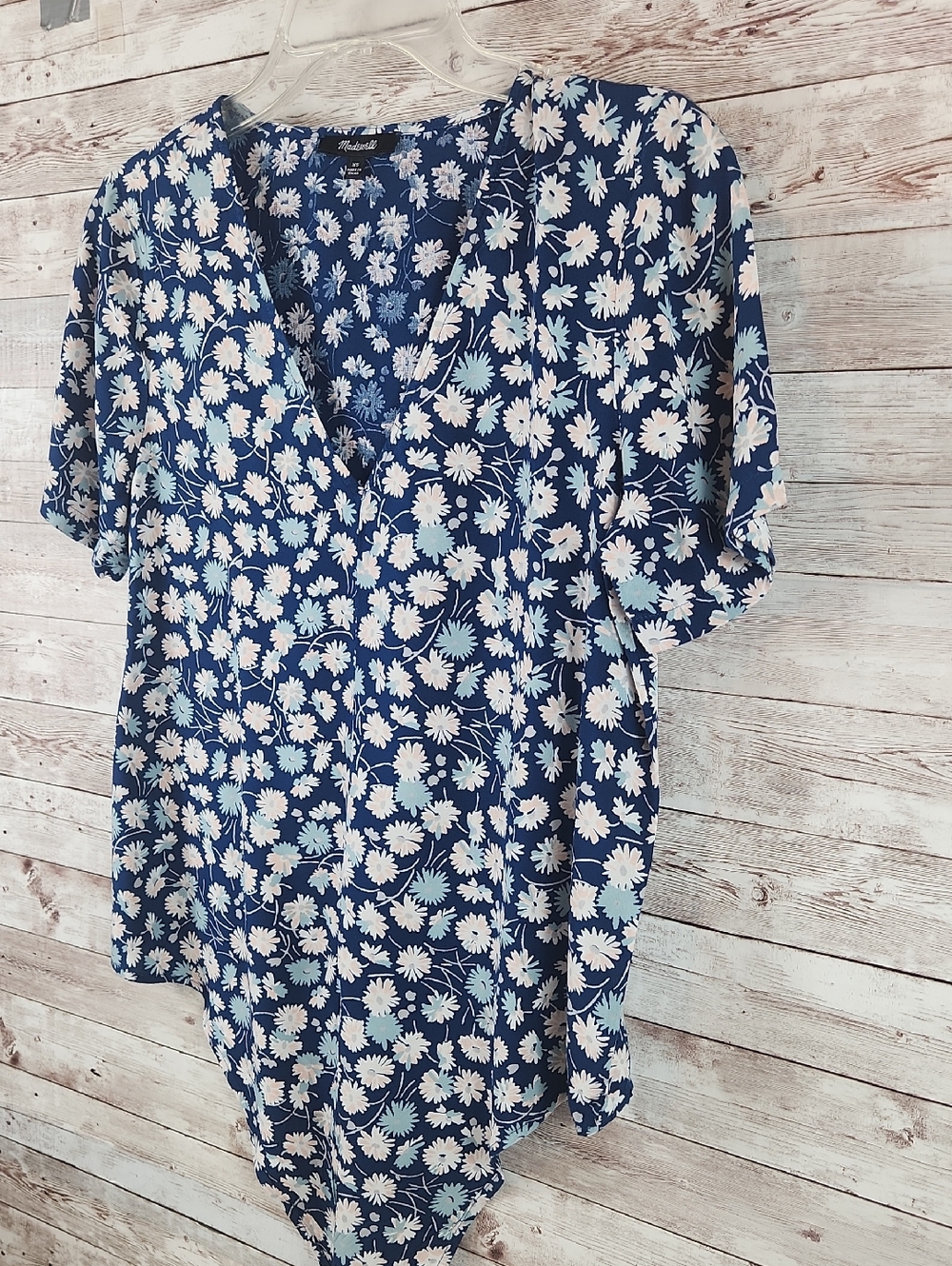 Madewell Navy Blue Daisy Print V-Neck Blouse - Picture 2 of 5